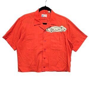 Islander Red Bowling Shirt Cotton Cropped Camp Shirt Patches Funny  Patch Medium